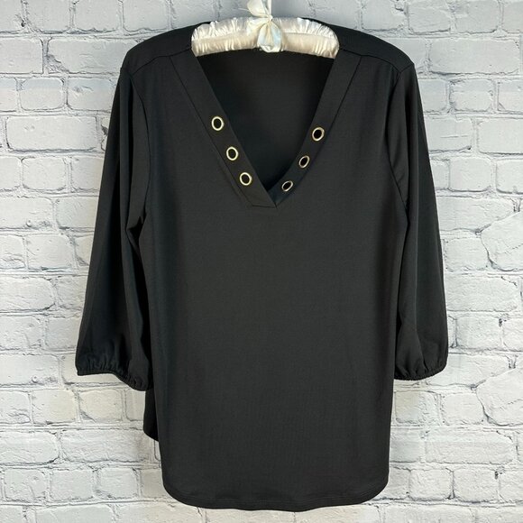Cable‎ & Gauge Women's V-Neck Grommet Detail 3/4 Sleeve Top, Size Large, Black - Picture 3 of 10
